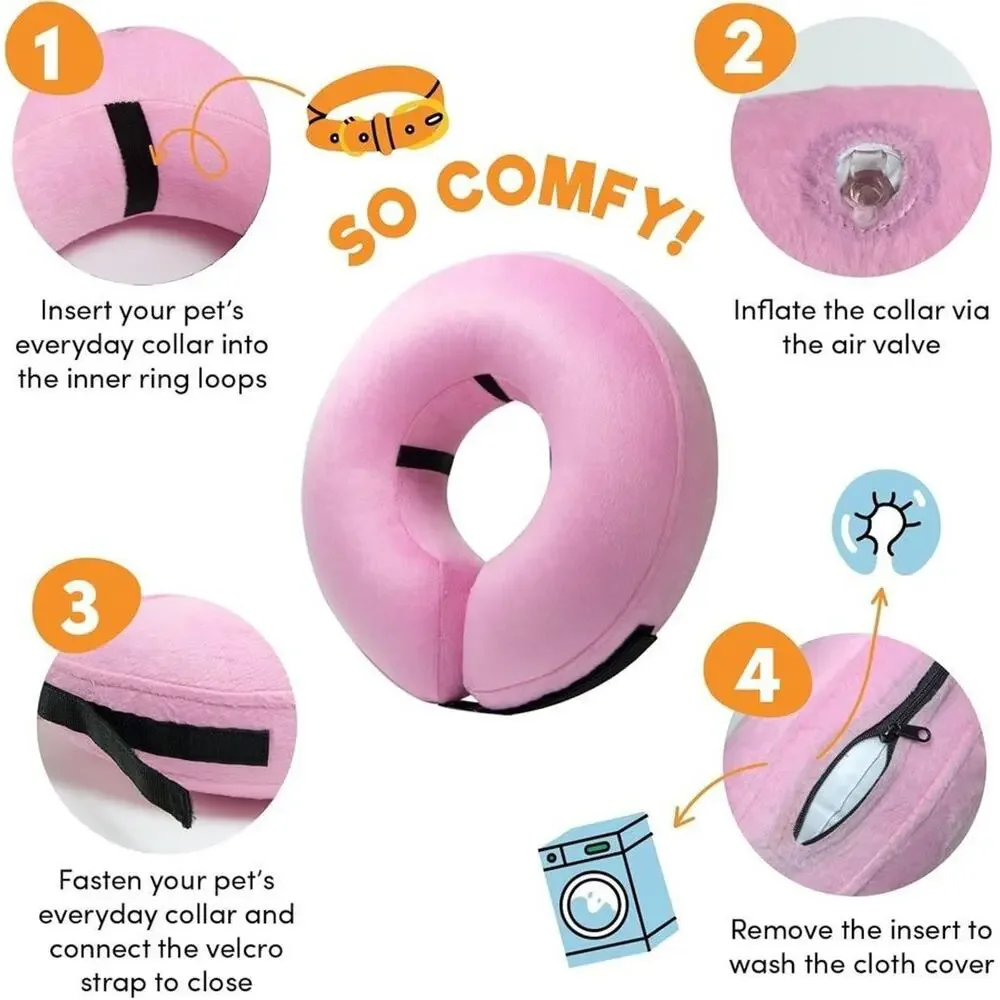 Inflatable Soft Dog Cone Collar Donut Post Surgical Large Pink Pillow Neck Recov